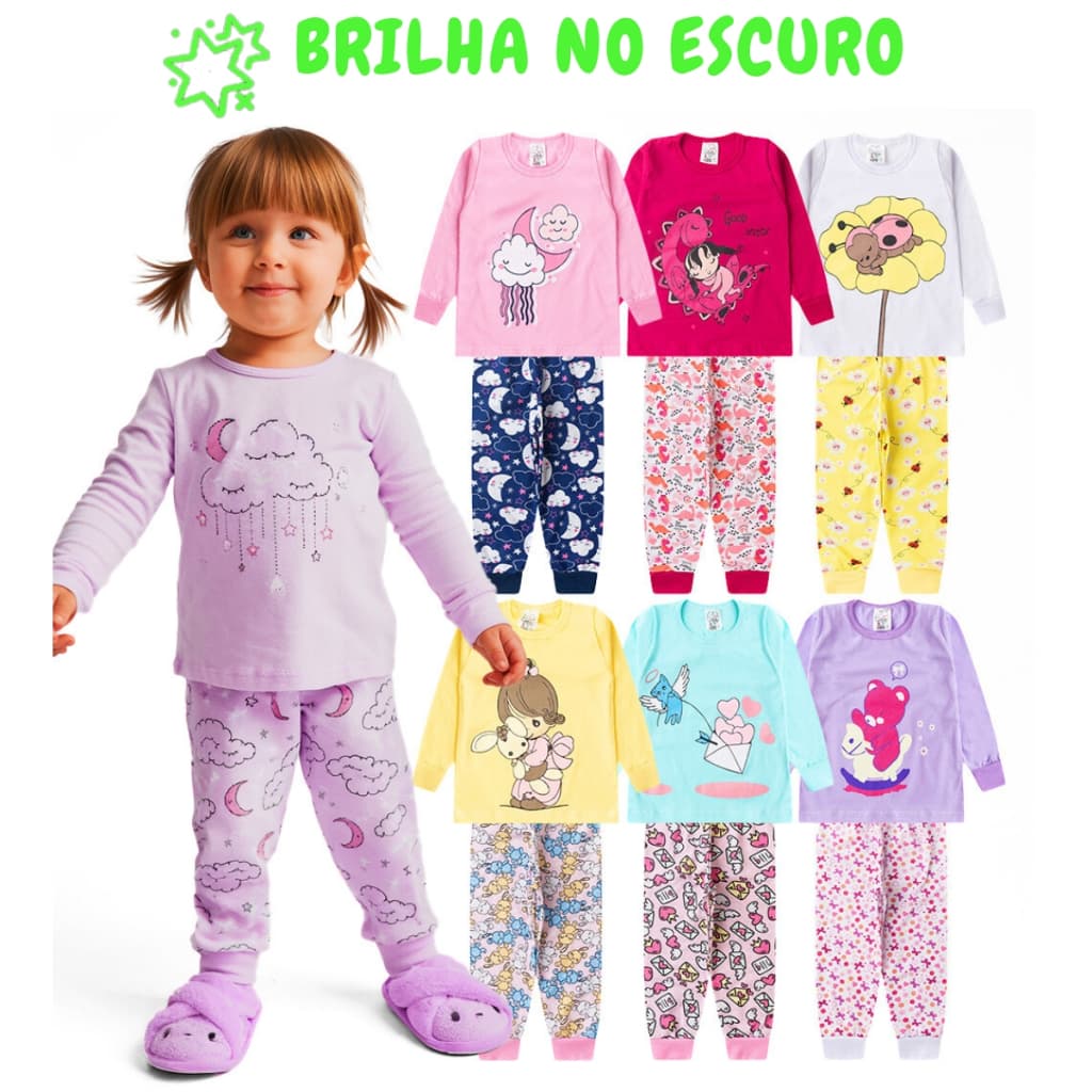 Kit de 2, 4 ou 6 Peças Pijama Brilha no Escuro Infantil Menina Inverno Roupa Infantil Feminina