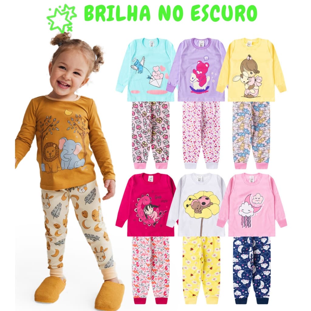 2, 4 ou 8 Peças Pijama Brilha no Escuro Infantil Menina Inverno Roupa Infantil Feminina