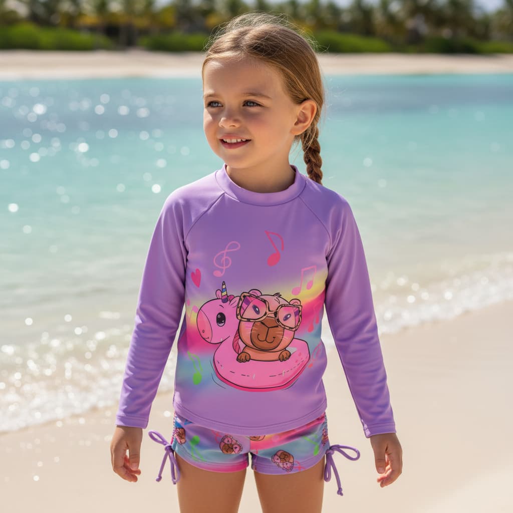 Conjunto Praia Menina Proteção Solar UV50+ Blusa Manga Longa e Shortinho Piscina Natação Capivara