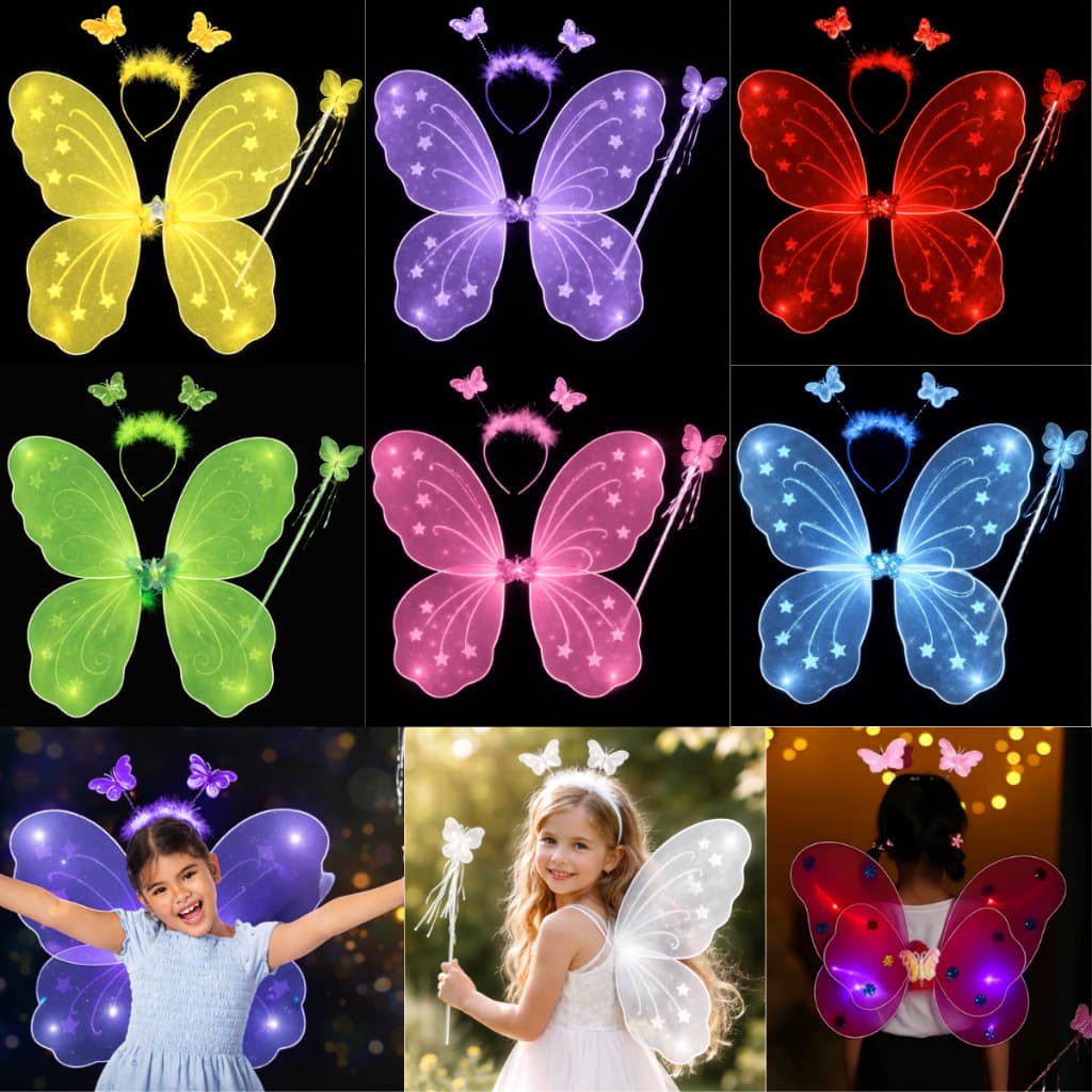 Kit Fantasia Infantil Fadinha Borboleta Varinha Tiara C/ Led Criança Menina Festa Halloween