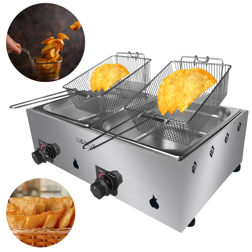 Fritadeira Profissional Inox A Gás 2 Cubas 5 Litros Cada Com Cesto De Fritura Pastel, Salgados, Porções