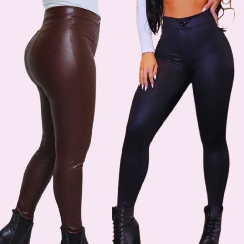Calça Disco Cirre Legging  Cintura Alta Botão Dorado Com Bolsos Fake Brilhoso