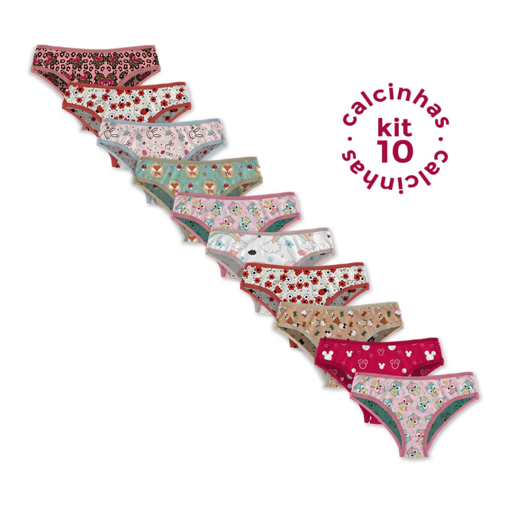 Kit 10, 5 Calcinhas Feminina Infantil Tecido Microfibra Com Forro de 100% Algodão Estampada Confortável