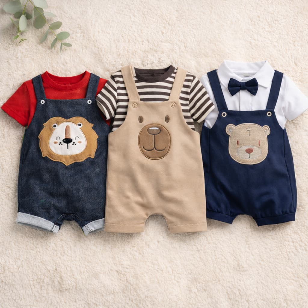 Kit com 3 peças de Jardineira Bebê Menino Manga Curta Verão Roupas de Bebês