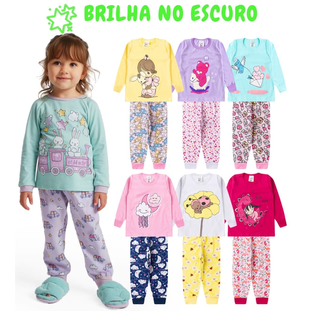 Kit 2, 6 ou 10 Peças Pijama Brilha no Escuro Infantil Menina Inverno Roupa Infantil Feminina