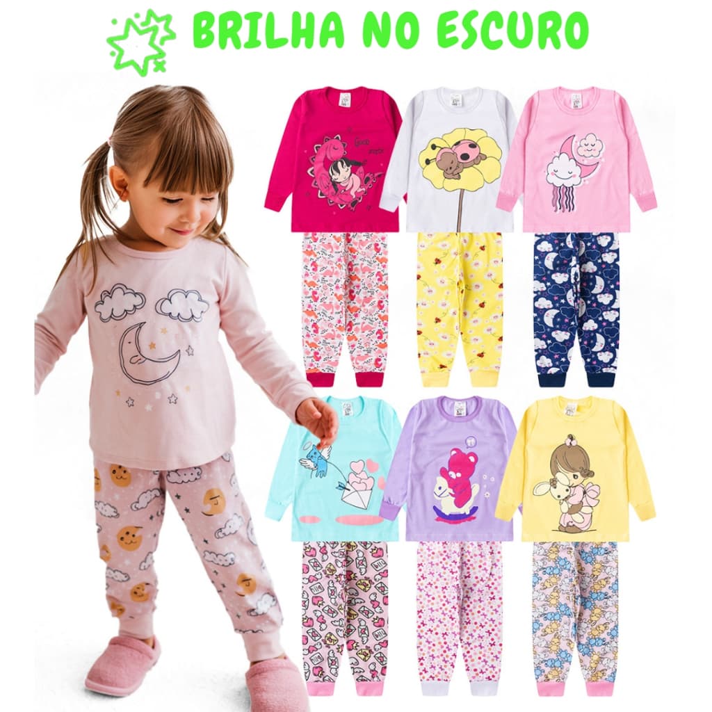 Kit 4 Peças Pijama Sortido Brilha no Escuro Infantil Menina Inverno Roupa Infantil Feminina