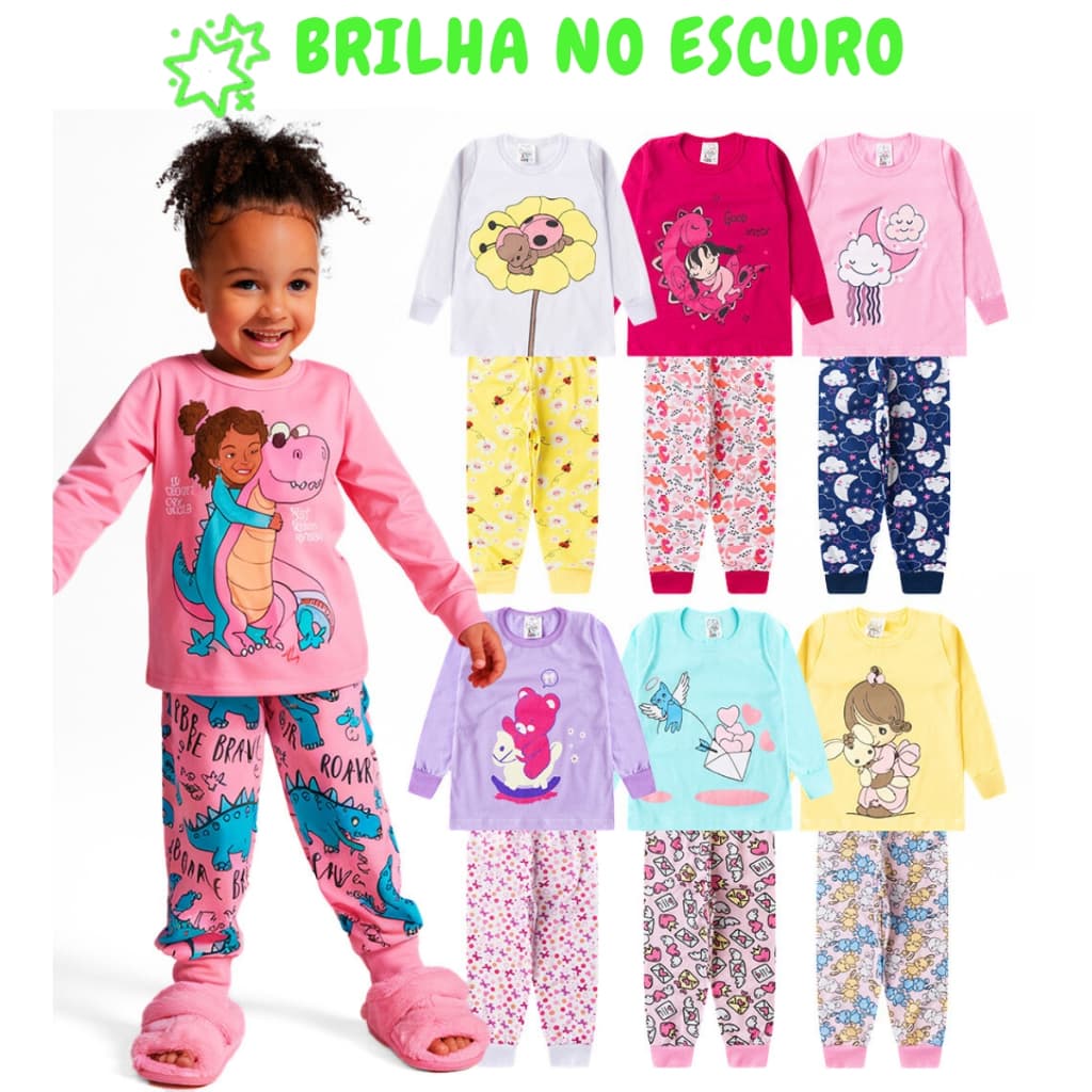 Kit 8 Peças Pijama Brilha no Escuro Infantil Menina Inverno Roupa Infantil Feminina