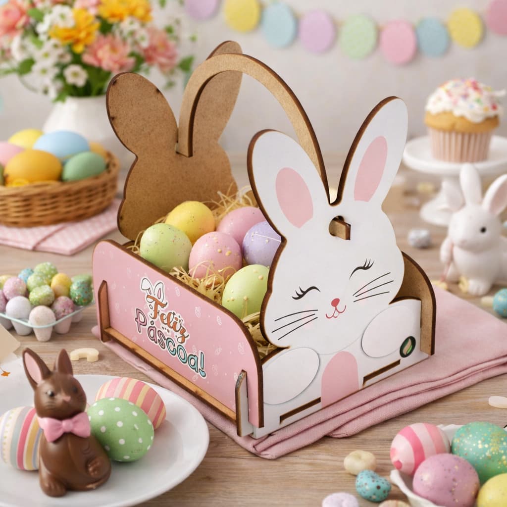 Cestinha de Páscoa Coelhinho Mdf Decoração Mesa Chocolate Presente
