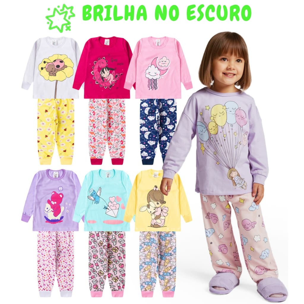 Pijama Sortido Brilha no Escuro Infantil Menina Inverno Roupa Infantil Feminina