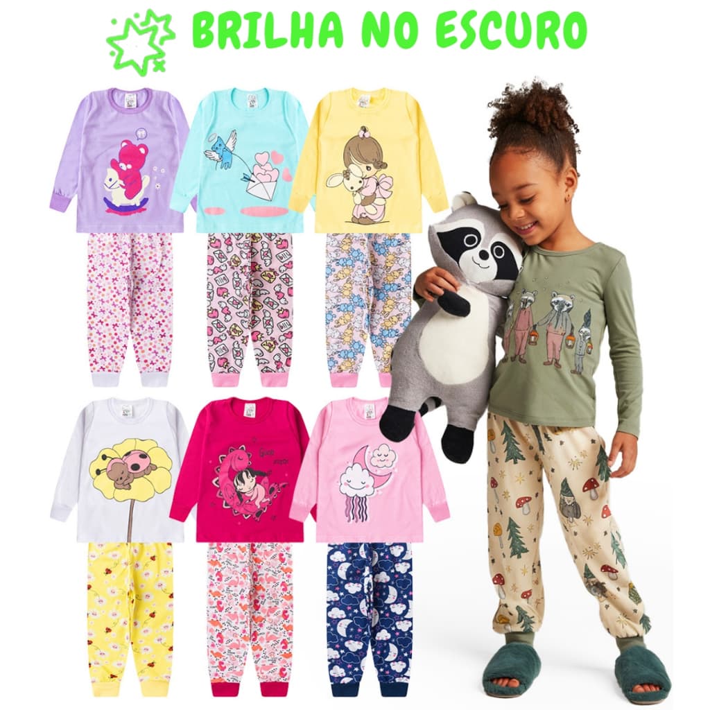 Kit 4 Peças Pijama Sortido Brilha no Escuro Infantil Menina Inverno Roupa Infantil Feminina
