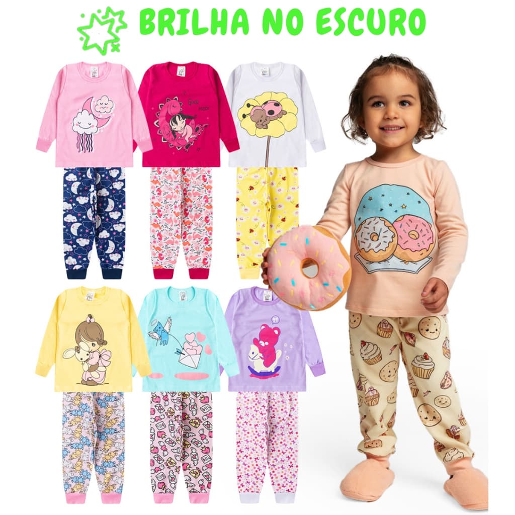 Kit 6 Peças Pijama Brilha no Escuro Sortido Infantil Menina Inverno Roupa Infantil Feminina