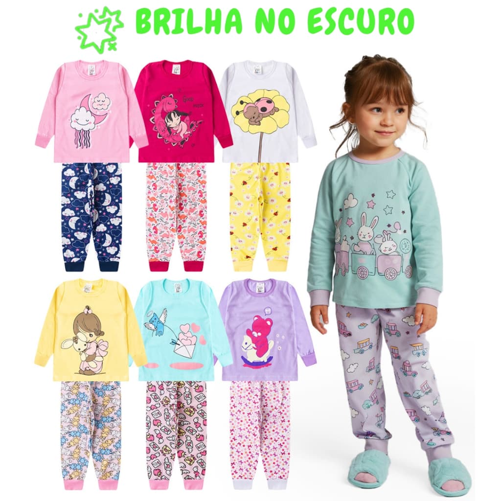 Kit 2, 6 ou 10 Peças Pijama Infantil Brilha no Escuro Menina Inverno Roupa Infantil Feminina