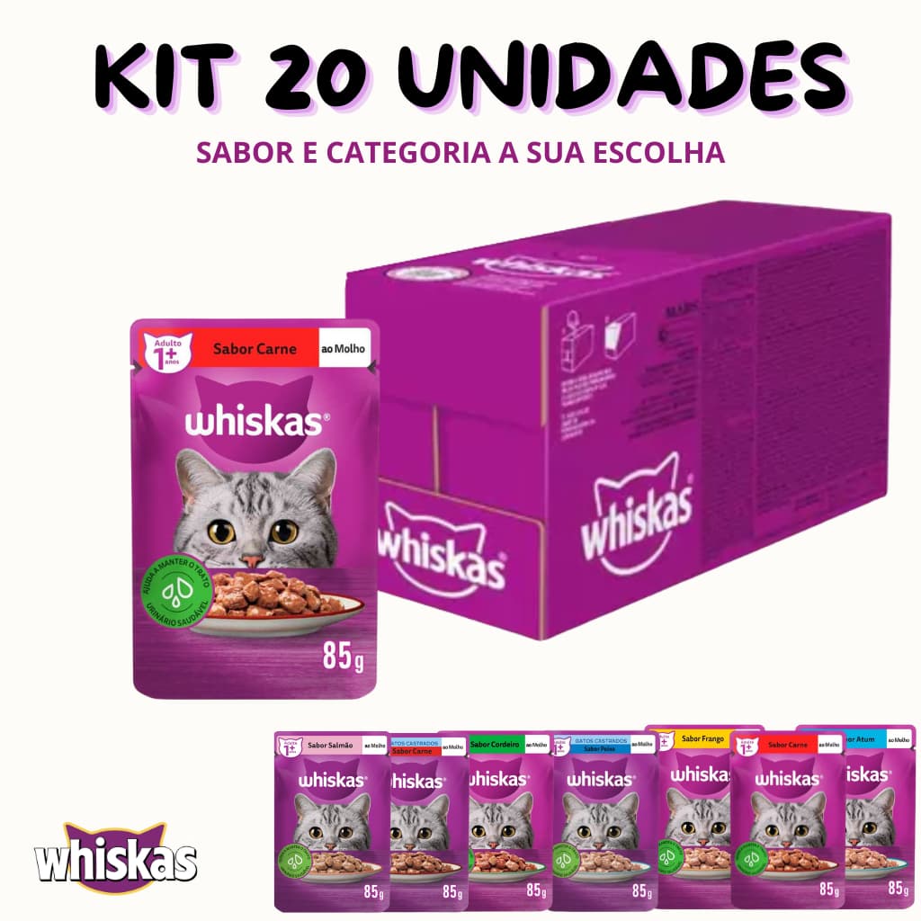 WHISKAS SACHÊ ADULTO 1+  GATO 85G, ESCOLHA O SABOR KIT 20 UN