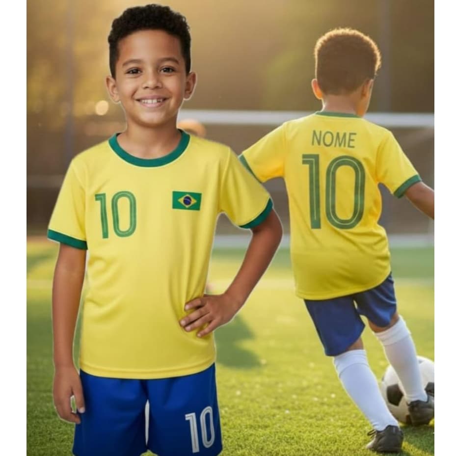Conjunto Kit Camiseta e Shorts Juvenil Unisex Brasil Personalizado Nome Brasil Amarelo