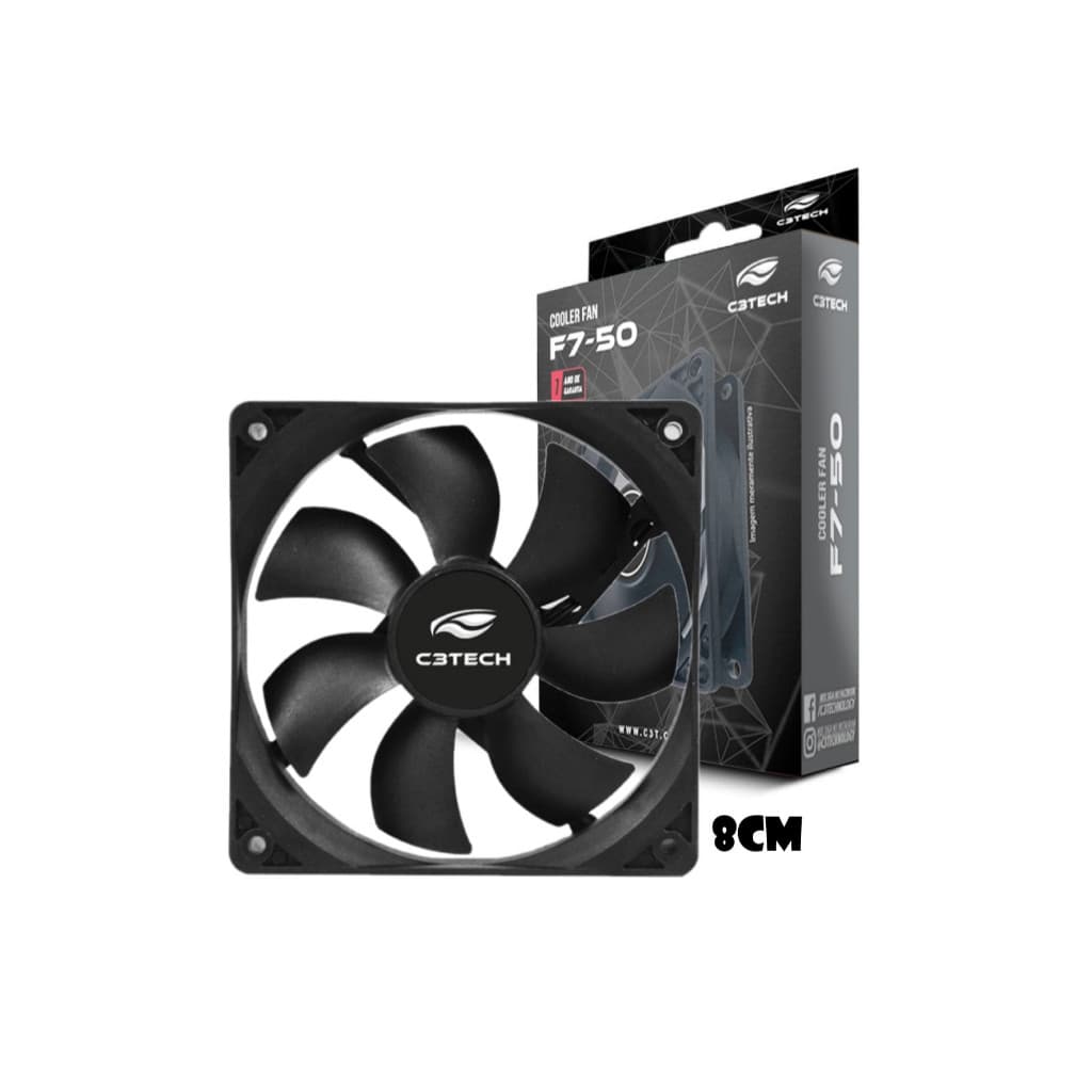 Cooler Fan 80mm C3tech 2200rpm Ventoinha para Gabinete 8cm Preto Sem LED Modelo F7-50bk  Molex + 3 pinos Placa Mãe