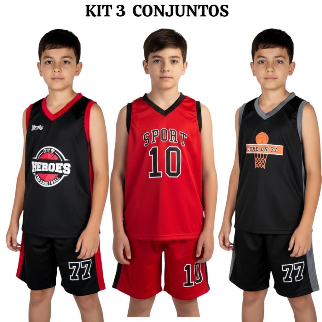 Kit com 3 Conjuntos de Basquete Infantil 3 Regatas + 3 Shorts Conforto e Estilo Esportivo