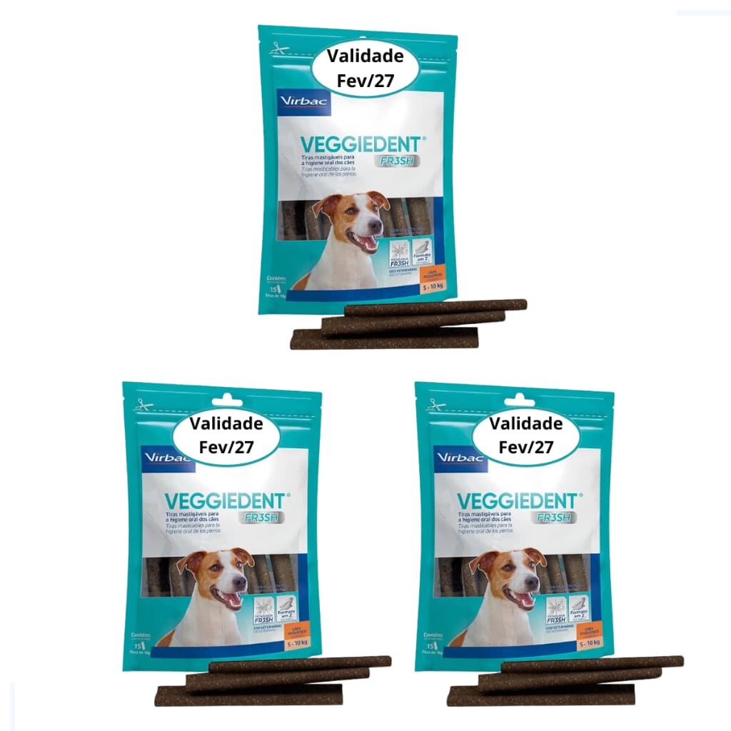 Kit 3 Veggiedent Fresh 15 Tiras Virbac P/ Cães De 5 A 10 Kg