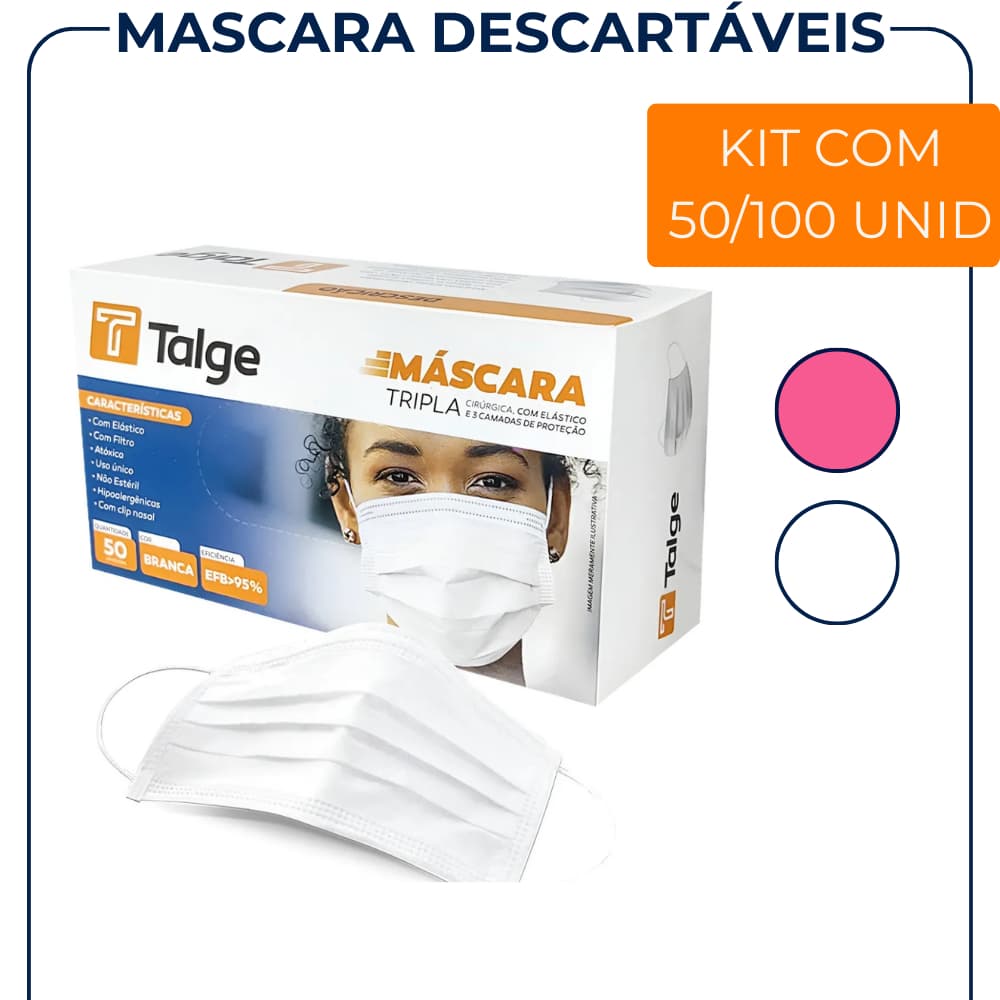 Kit Máscara Descartável TNT Tripla Proteção com Elástico – Rosa ou Branca – 50 ou 100 Unidades