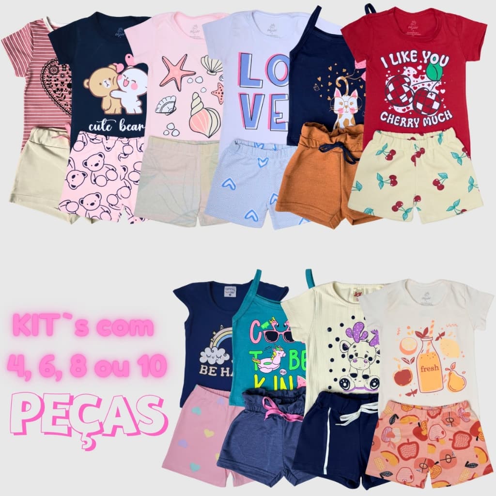 Kit de 4 a 10 Peças de Roupas Conjunto Verão Menina Calor Infantil Estampado Diversos 1 a 8 anos