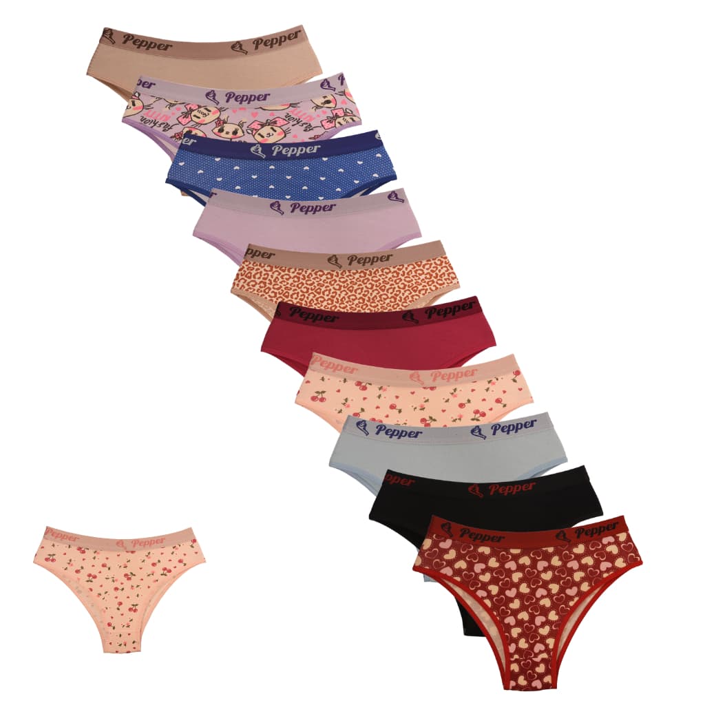 Kit 10 Calcinhas Estampadas e Lisas Adolescente Juvenil Elastico exposto cotton 8% - Pepper Lingerie
