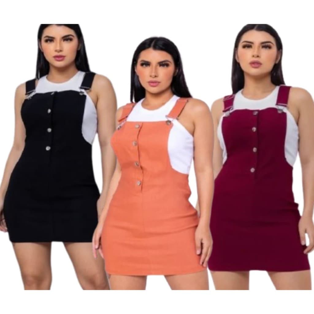 Kit 3 Vestido Jardineira Feminino Bengaline Moda Blogueira