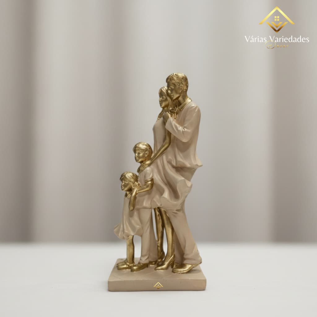 Escultura Família Casal 2 Filhos Gesso Premium 25cm Peça Exclusiva Dourada Decoração Sala Luxo Estatueta Moderna
