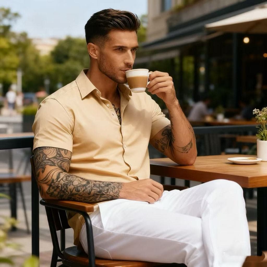 Camisa Social Masculina Manga Curto  Cores vibrantes lisa Verão Casual