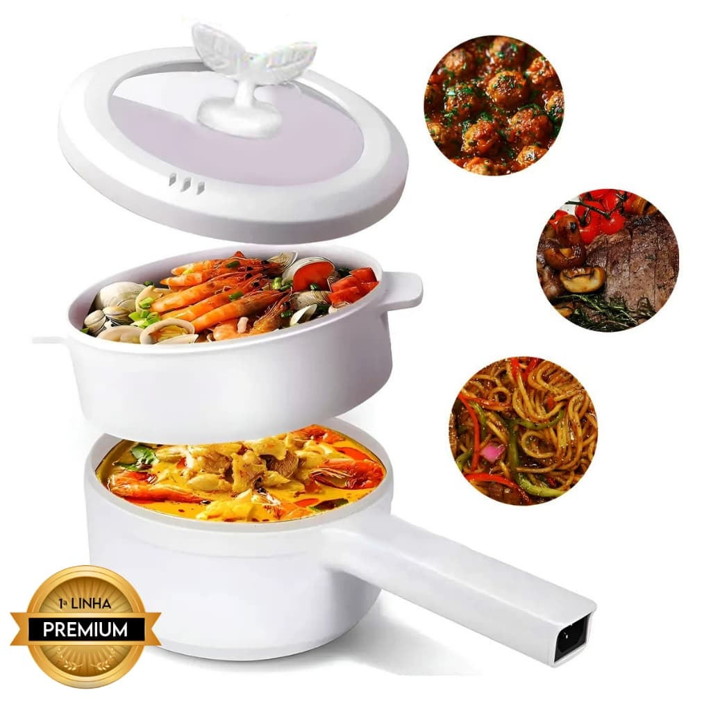 Panela Elétrica Dupla 700W Cerâmica Com Cesto de Vapor 110V e 220V 1ª Linha