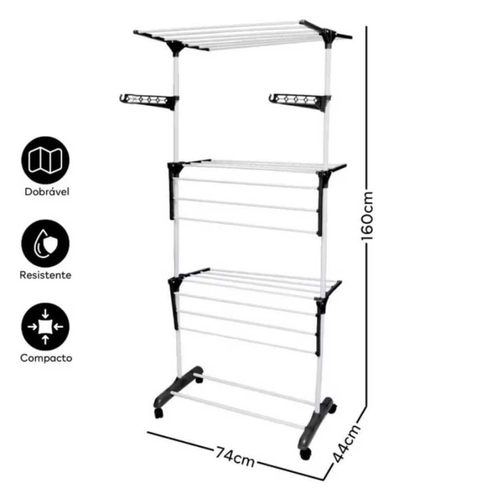 Varal De Chão Torre 3 Andares Retrátil Compacto, Dobrável e com Rodinhas