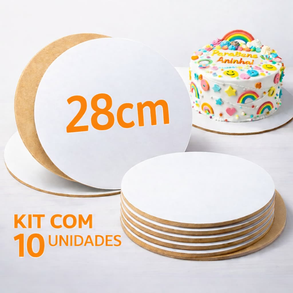 Kit 10 Cake Board MDF 28cm Redondo Branco Base Suporte Tabuleiro Prato para Bolo 3mm