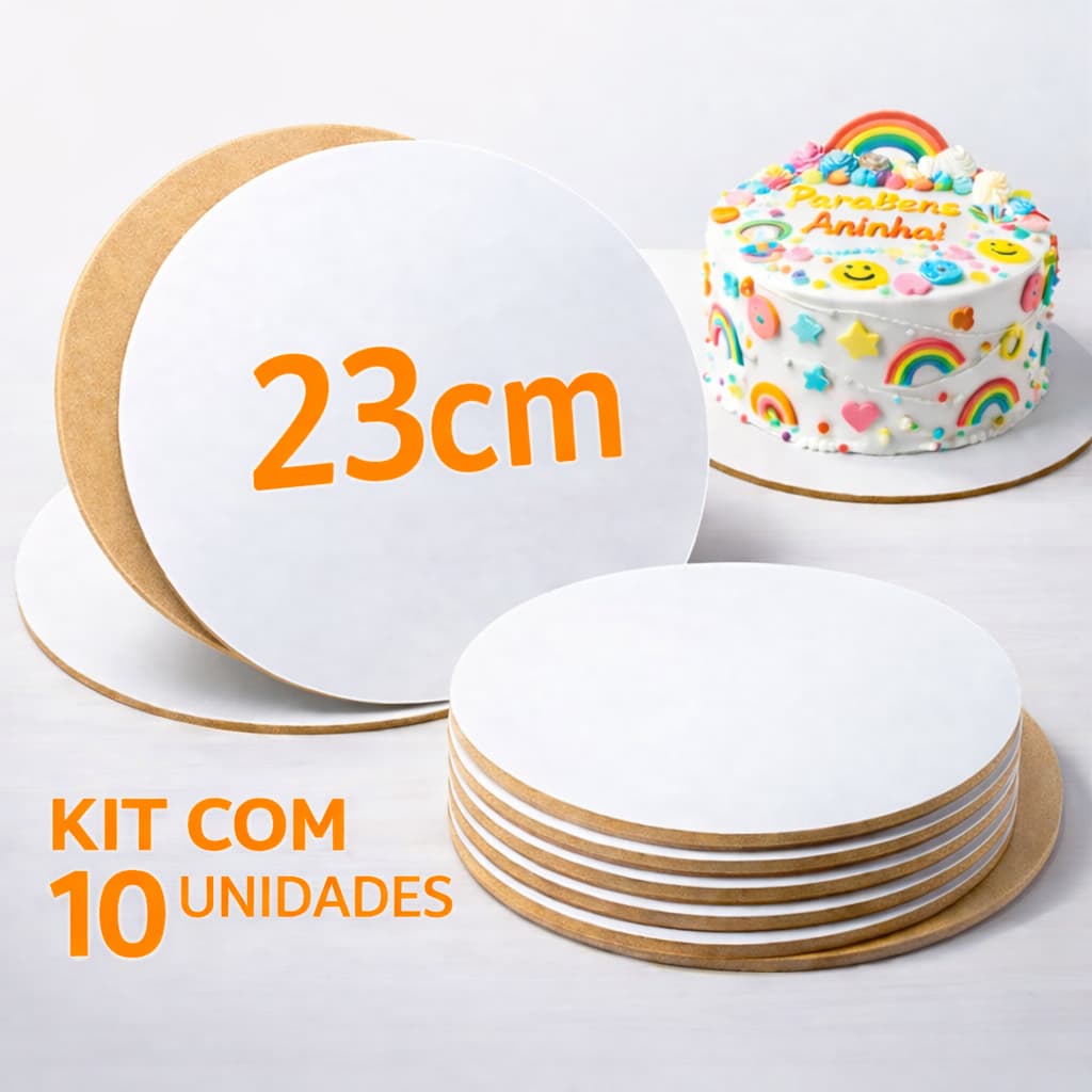 Kit 10 Cake Board MDF 23cm Redondo Branco Base Suporte Tabuleiro Prato para Bolo 3mm