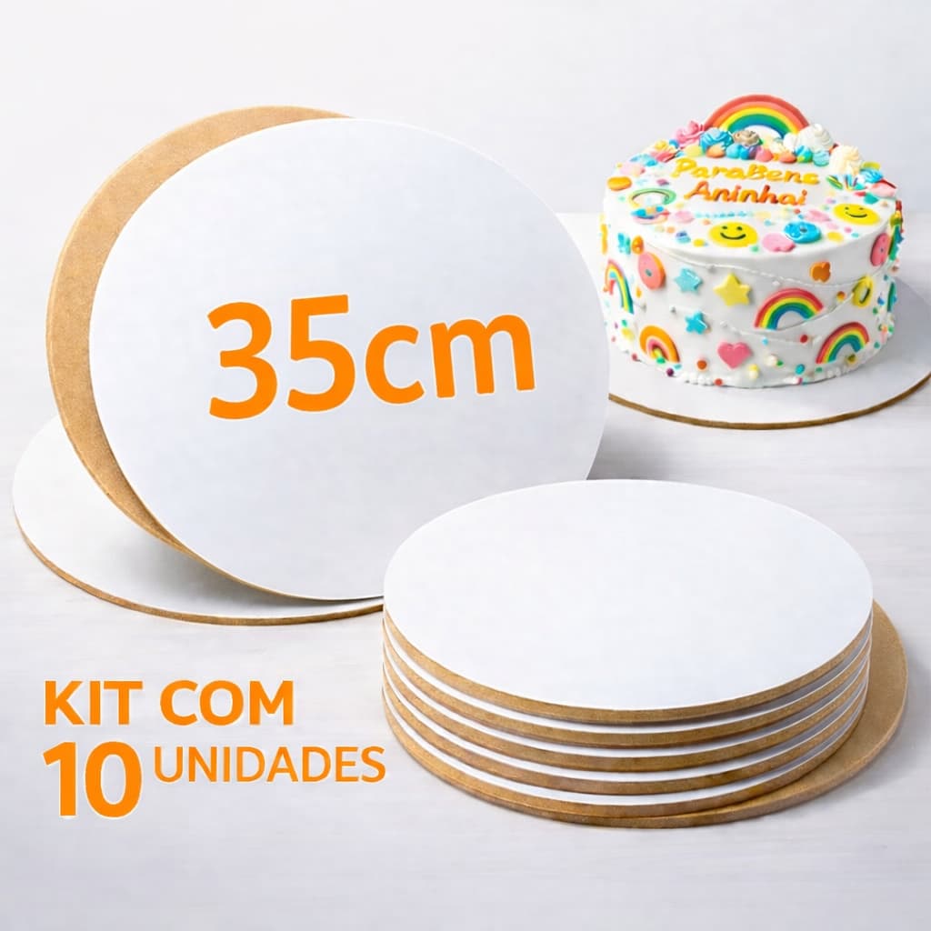 Kit 10 Cake Board MDF 35cm Redondo Branco Base Suporte Tabuleiro Prato para Bolo 3mm