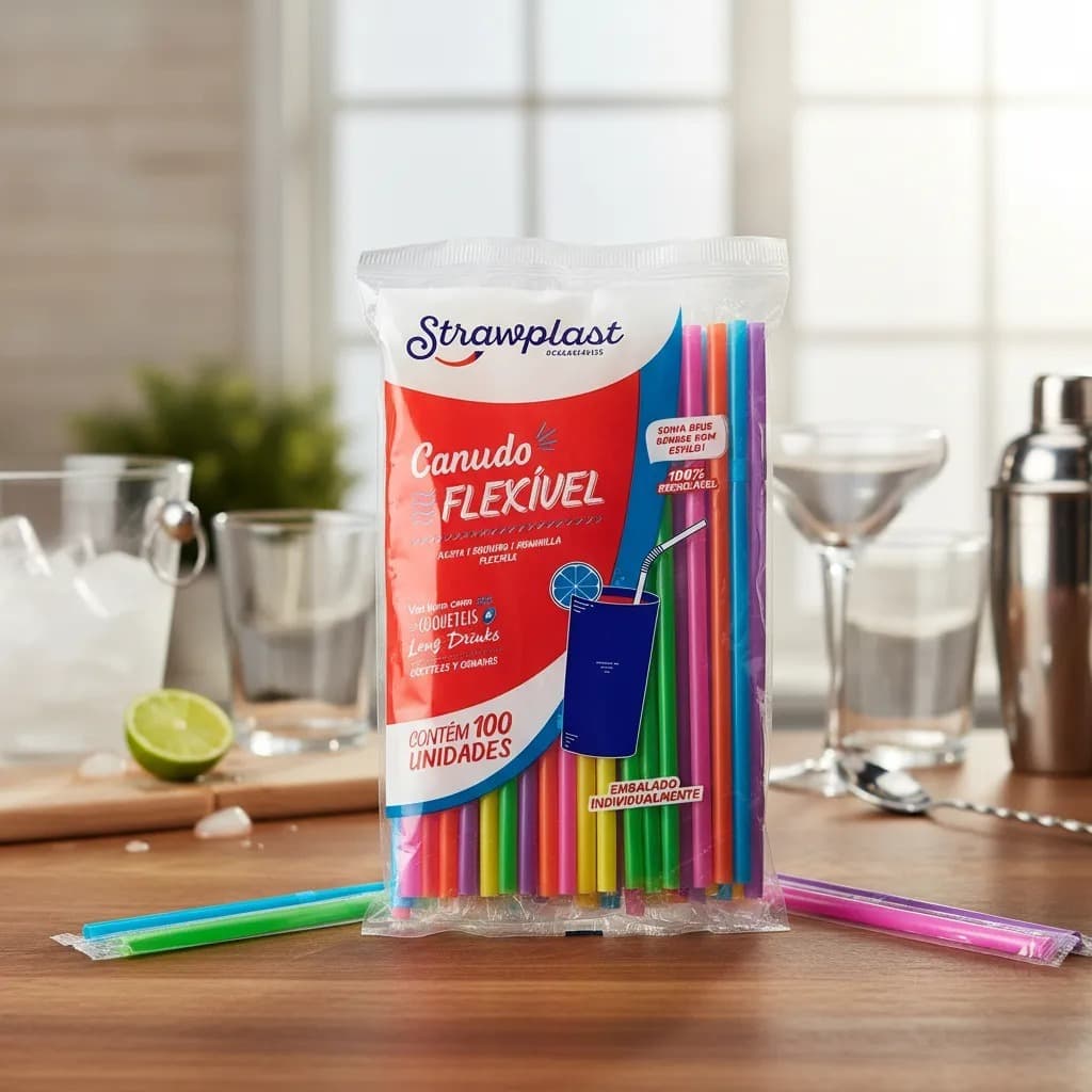 Canudo Colorido Flexível P/ Drinks Refri 500und Strawplast Colorido