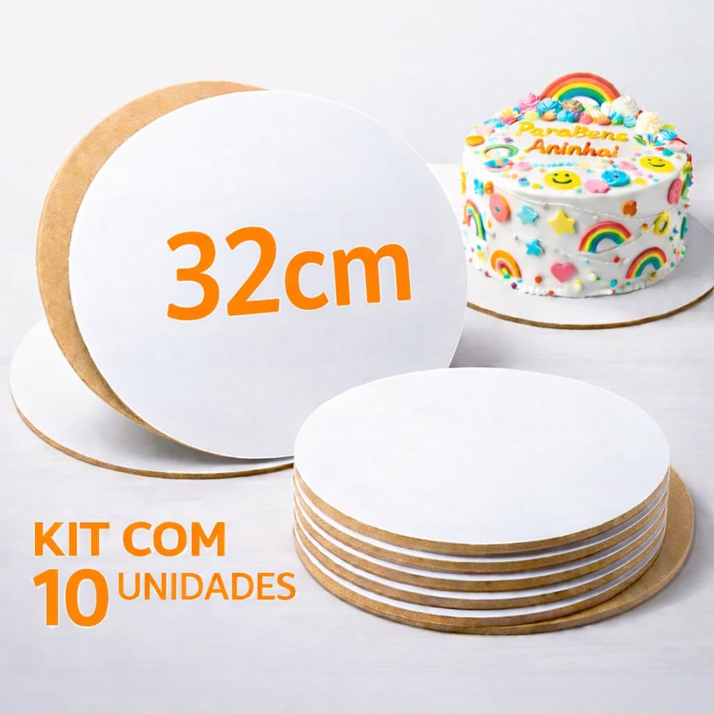 Kit 10 Cake Board MDF 32cm Redondo Branco Base Suporte Tabuleiro Prato para Bolo 3mm