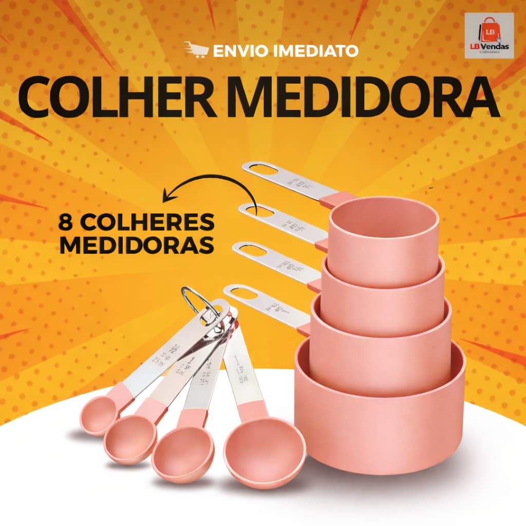 Conjunto Jogo Colher Medidora Xícara Culinário 8 Peças Kit Medidor de Cozinha Receitas - Rosa Inox