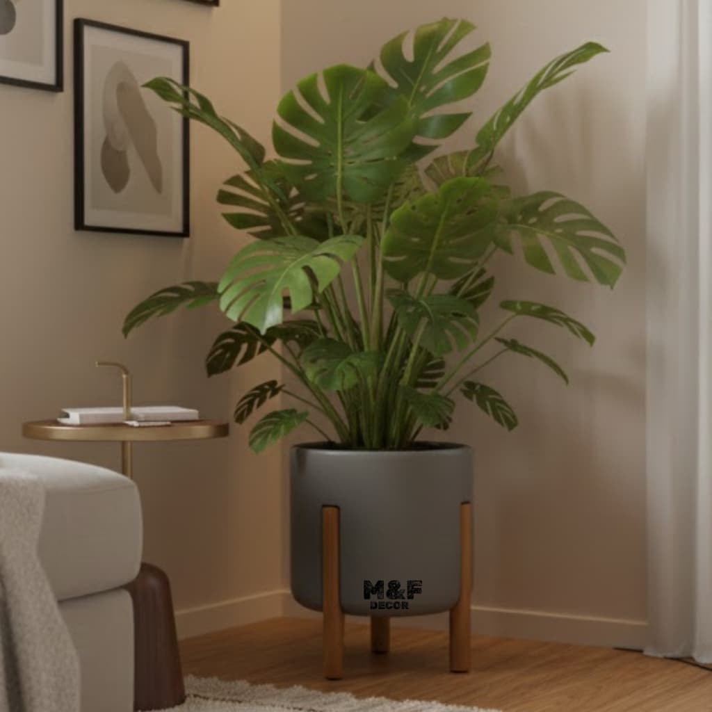 Vaso Para Plantas ou Flores Mônaco Cilíndrico Decorativo Com Pé em Madeira Design Moderno