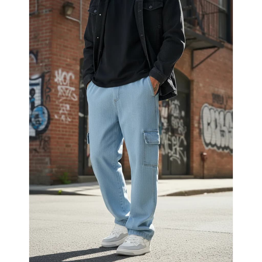 Calça Cargo Jeans Larga Unissex Streetwear Skatista Cós Elástico
