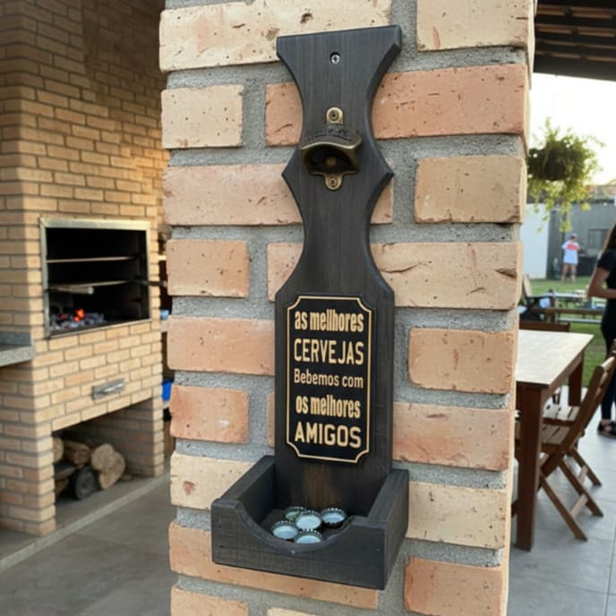 Abridor de Garrafas de Parede em MDF Rústico com Coletor de Tampinhas - Área Gourmet e Churrasco