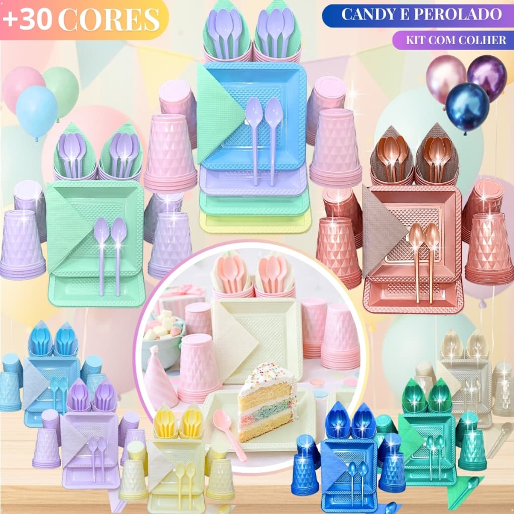 Kit 180 Itens Aniversário Completo Colher Descartaveis Para Festa Quadrado Candy Perolado Prato Copo Colheres Guardanapo