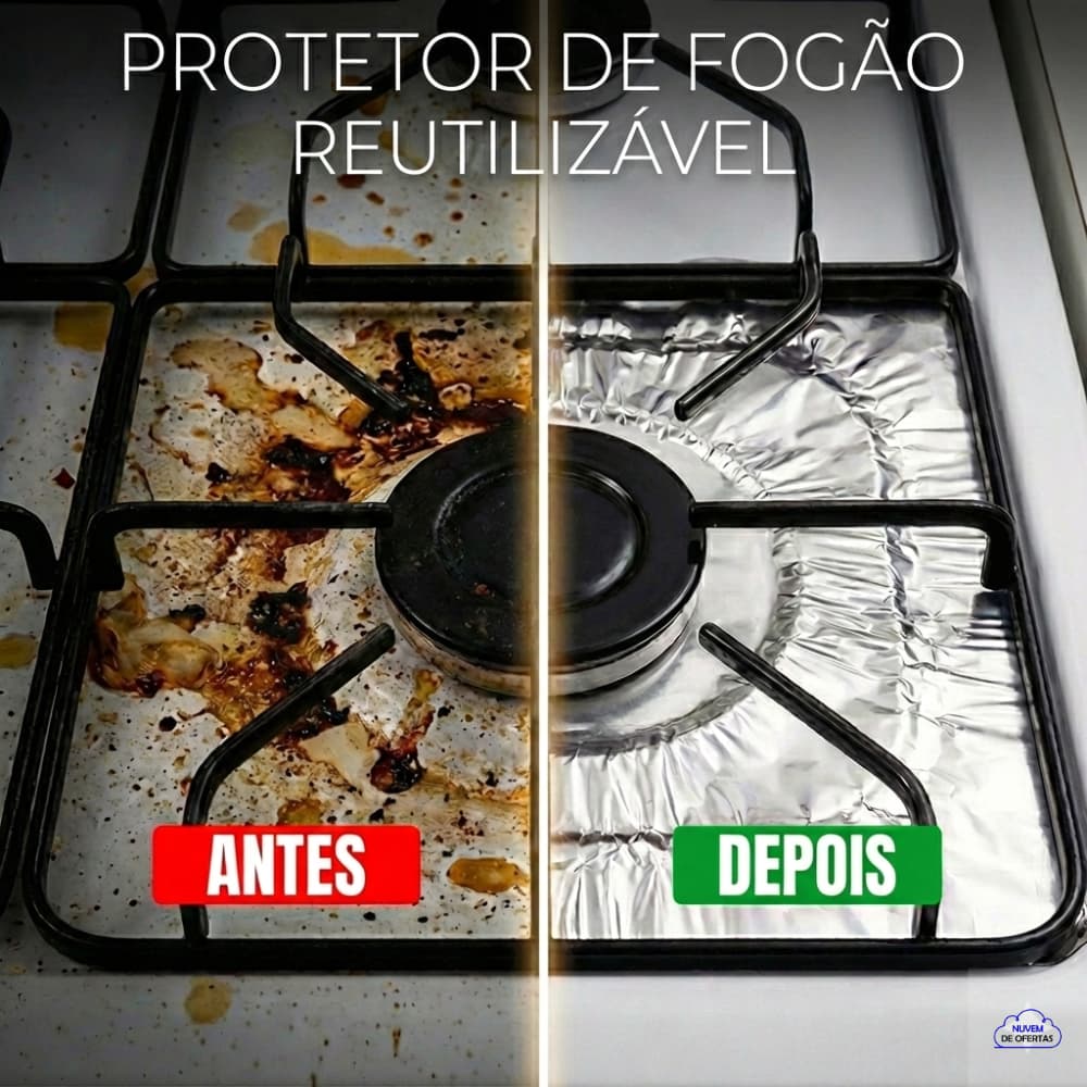 🔥 Kit 12 Protetor de Fogão Alumínio Reutilizável 27x27cm - Fim da Gordura e Sujeira!