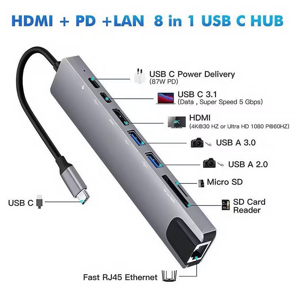 Adaptador Hub Tipo C 4em1/5em2/6em1/7 Em 1/ 8em1 HDMI Micro Sd Tf M1 4k Usb 3.0 Para computador todo tipo