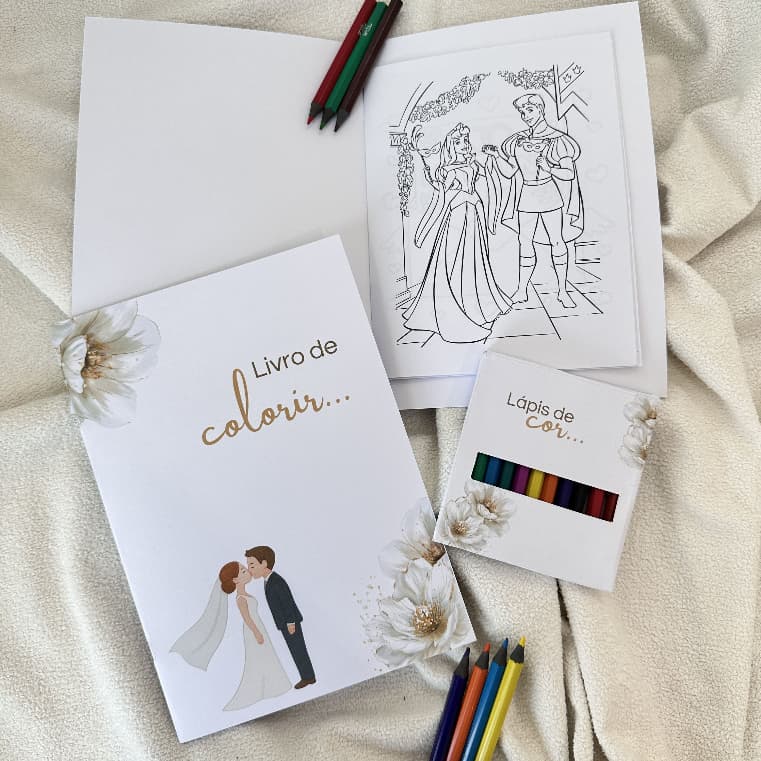 01 Kit - Livro de Colorir Infantil para Casamento Daminha e Pajem com 12 Lápis de Cor – PRONTA ENTREGA