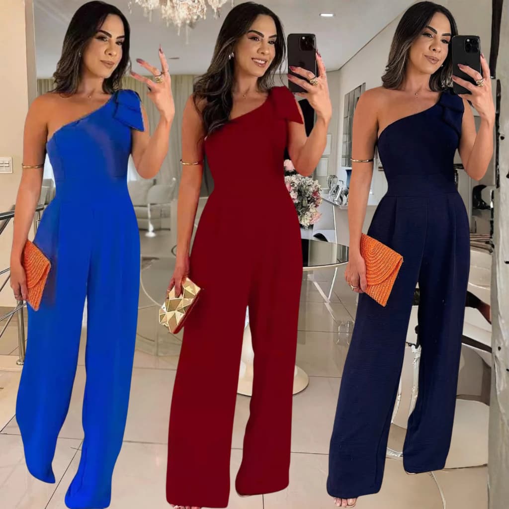 Macacão Feminino Luxo Pantalona Ombro Só com Laço Duna Premium Festa 2026