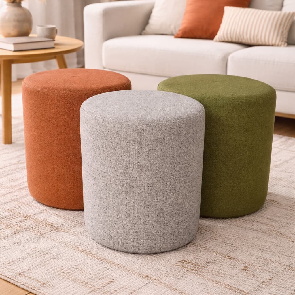 Puff Decorativo Redondo em Linho Confortável para Sala e Quarto