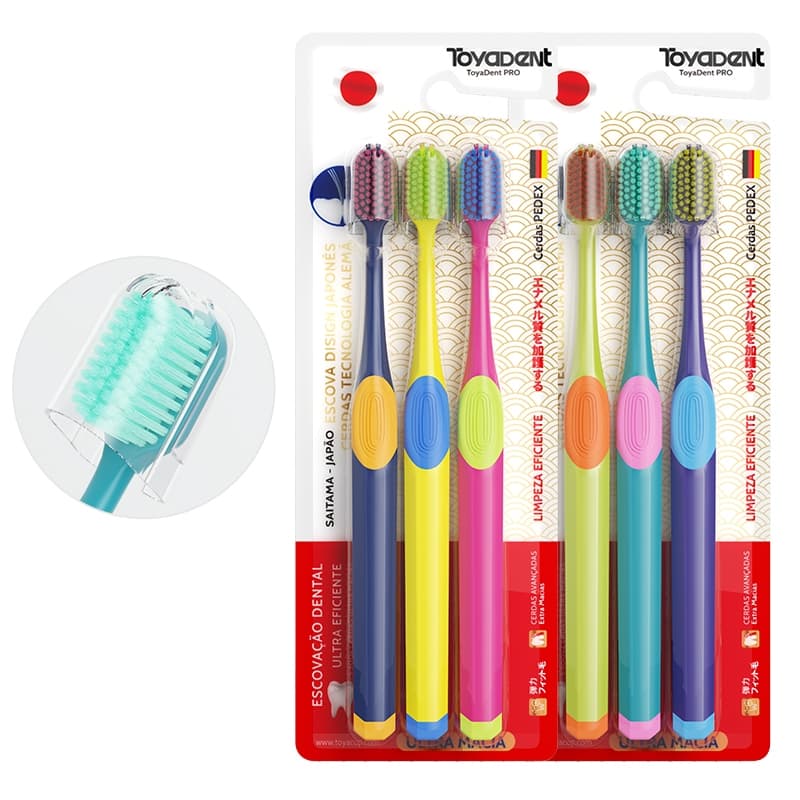 ToyaDent Escova de Dente,Cerdas Macias,Kit 3 Unidades+Capa Protetora,Design ergonômico