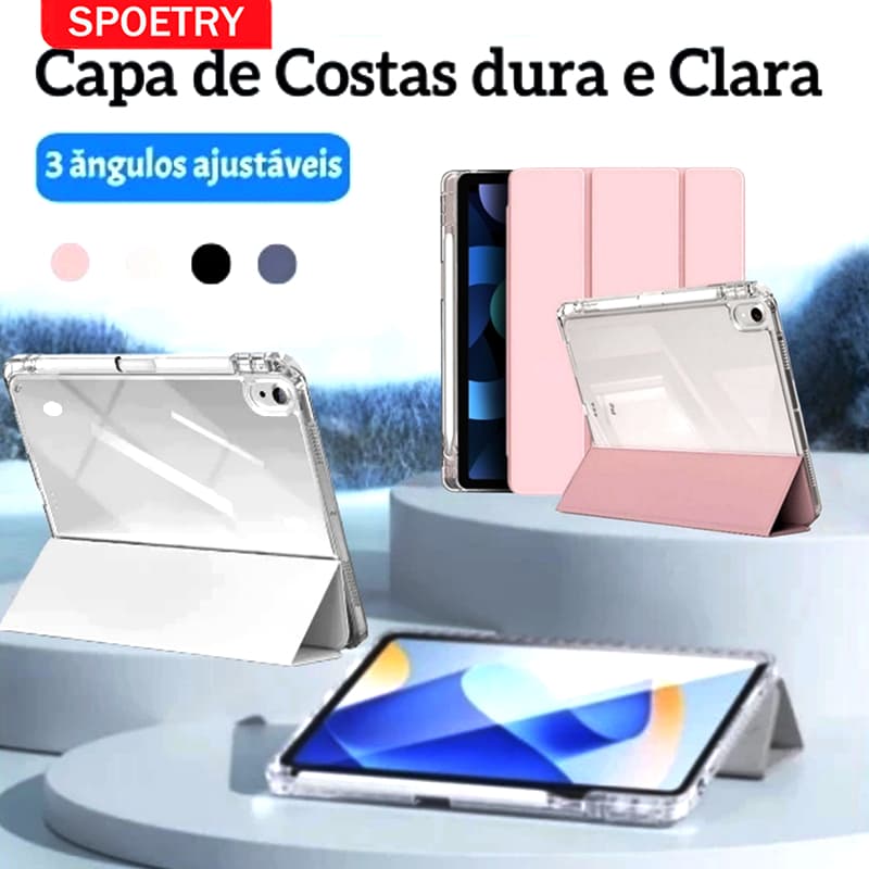 Capa de Proteção para tablets iPad/Air, Design Transparente Resistente a Quedas e Suporte Tri-Fold Dobrável