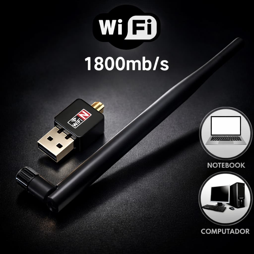 Adaptador WiFi USB 1800Mbps Antena Wireless para PC e Notebook