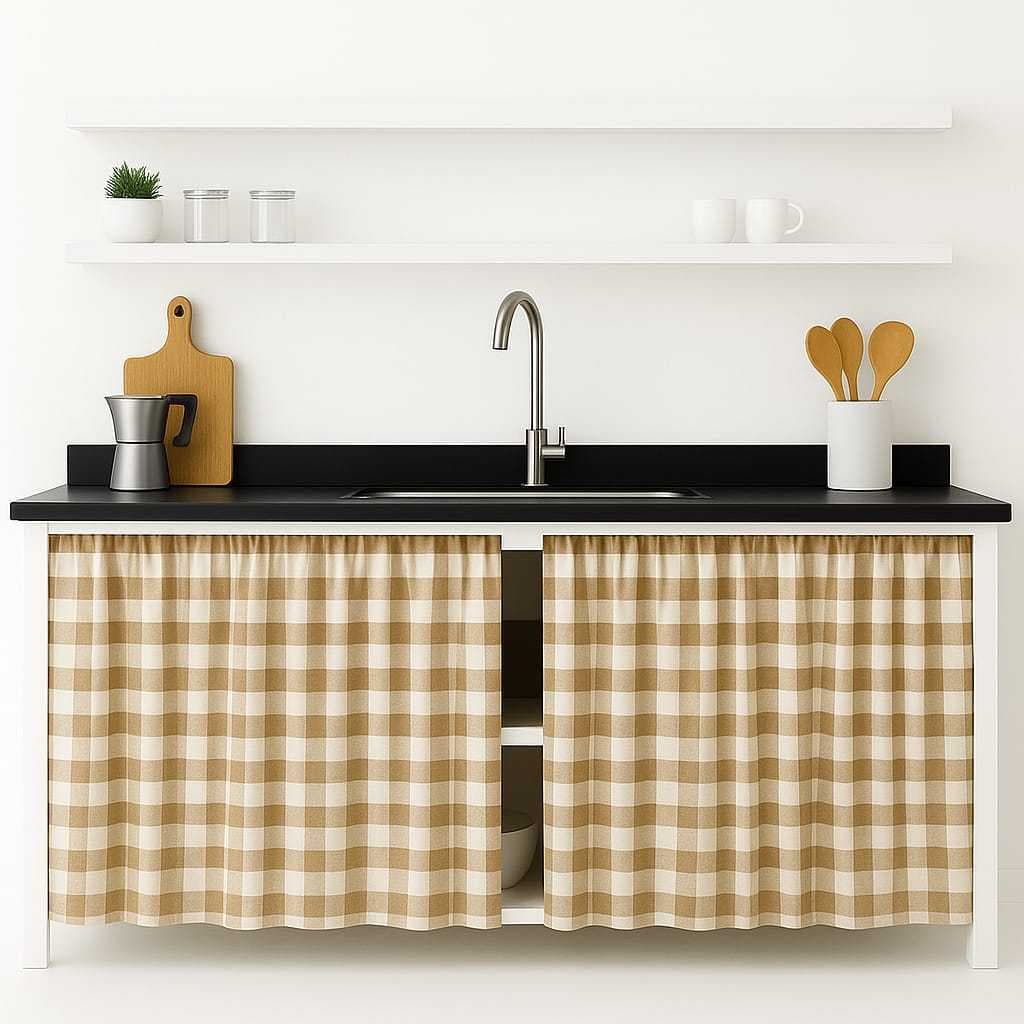 Cortina para Pia Xadrez Bege/nude 2,80x0,80 Oxford Decoraçao Cortininha Cozinha Lavanderia