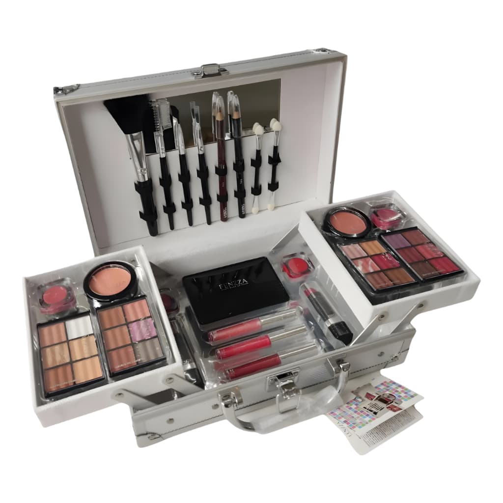 Maleta Maquiagem Fenzza Prata 2 Bandejas Espelho Completa Sombras Batom Blush Pincéis