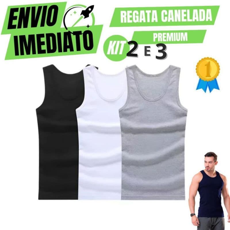 Kit C/3 e C/2 Regata Premium Masculina Modelo Americano Canelada Algodão e Elastano Malha Encorpada Ultra Conforto